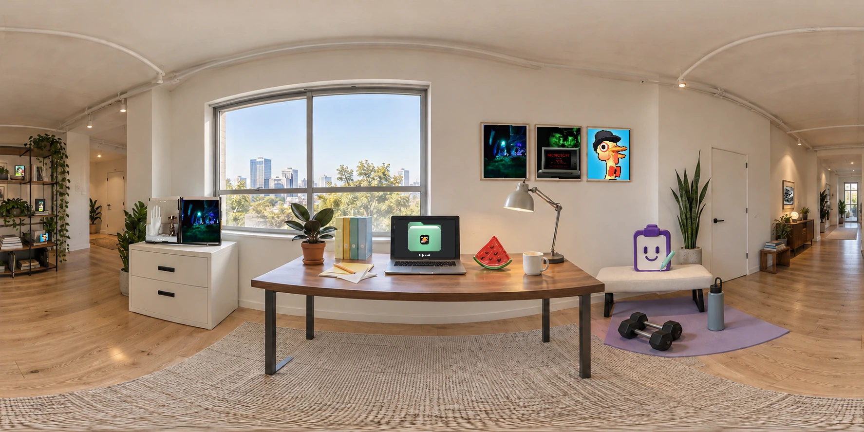 Feiou’s photographic studio: a laptop, glass watermelon, archive cabinet and fitness corner